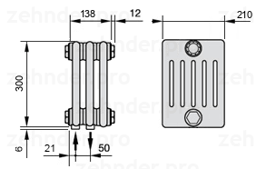 Схема (чертеж) Радиатор Zehnder Charleston 6030/3 №3370 Белый глянцевый RAL 9016